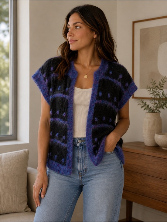 Handmade Sweaters - Handmade Purple and Black Open Cardigan Sweater Size S M Boho Knit Cottagecore